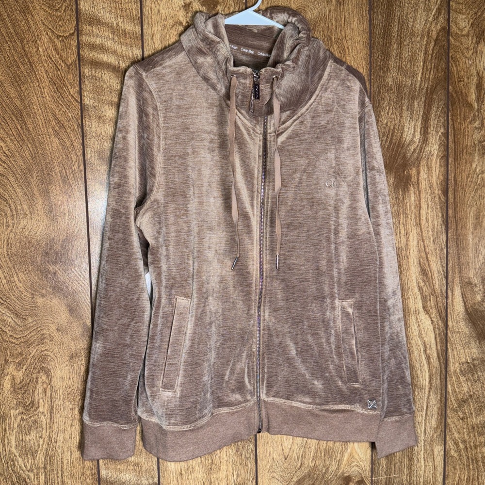 Calvin Klein Performance Womens Velour Full Zip Funnel Neck Jacket Brown Large